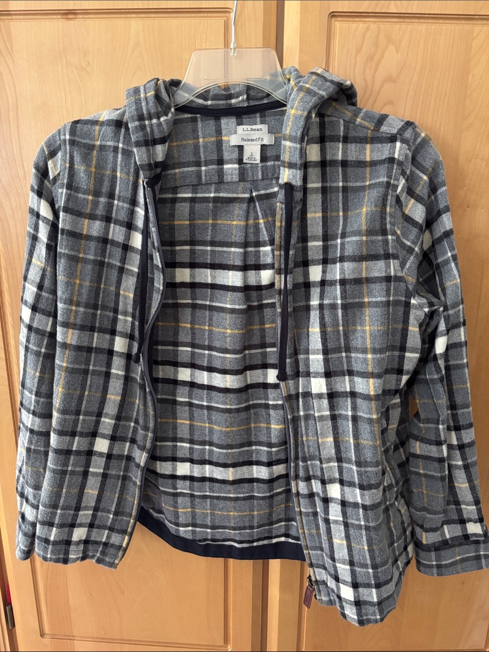 L.L. Bean Plaid Hooded Jacket in Gray, White & Yellow